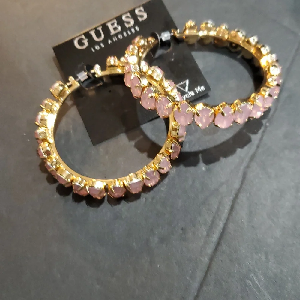 Guess pink crystal gemstone studded bling hoop earrings brand‎ new